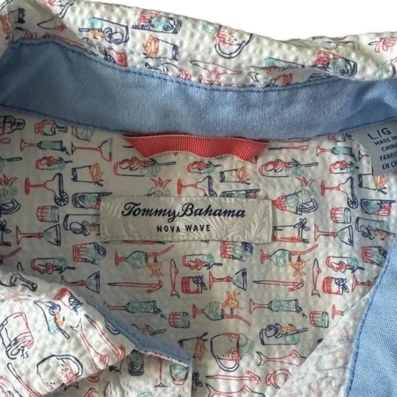TOMMY BAHAMA White Cocktail Print Nova Wave Seersucker SS Camp Shirt Large L - Picture 4 of 7